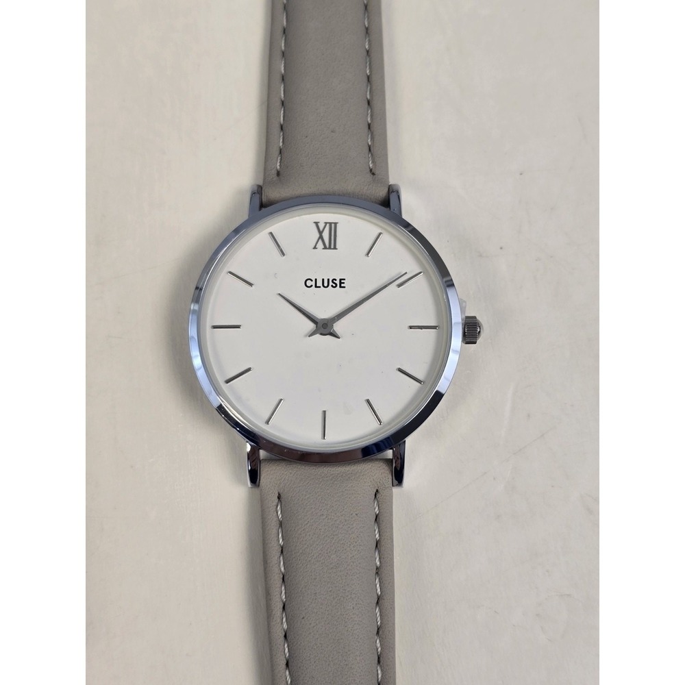 CLUSE Women's Quartz Watch Minuit Gray Leather Strap Silver Case White Dial NWT